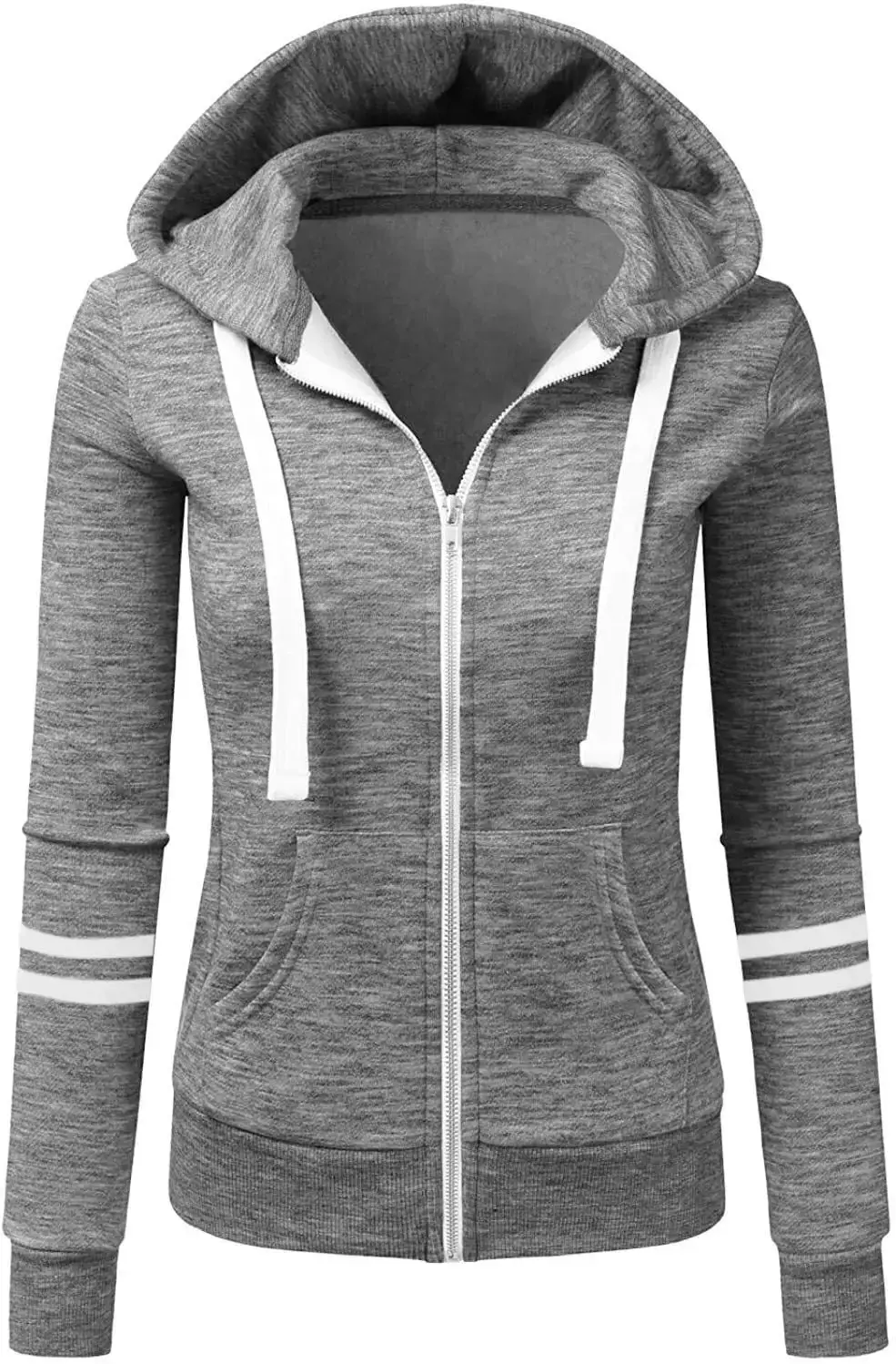 Women Grey Hooded Zipper Sweatshirt Jacket Cotton Autumn Winter - Image 2