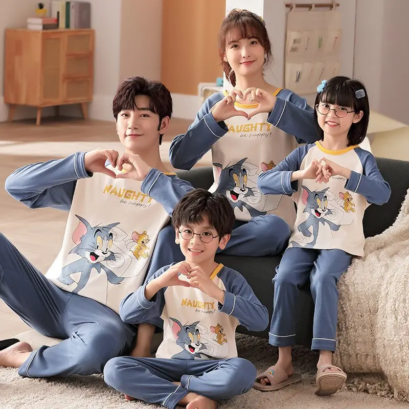 Children's Cotton Pajamas Family of 3 Long Sleeve Black White