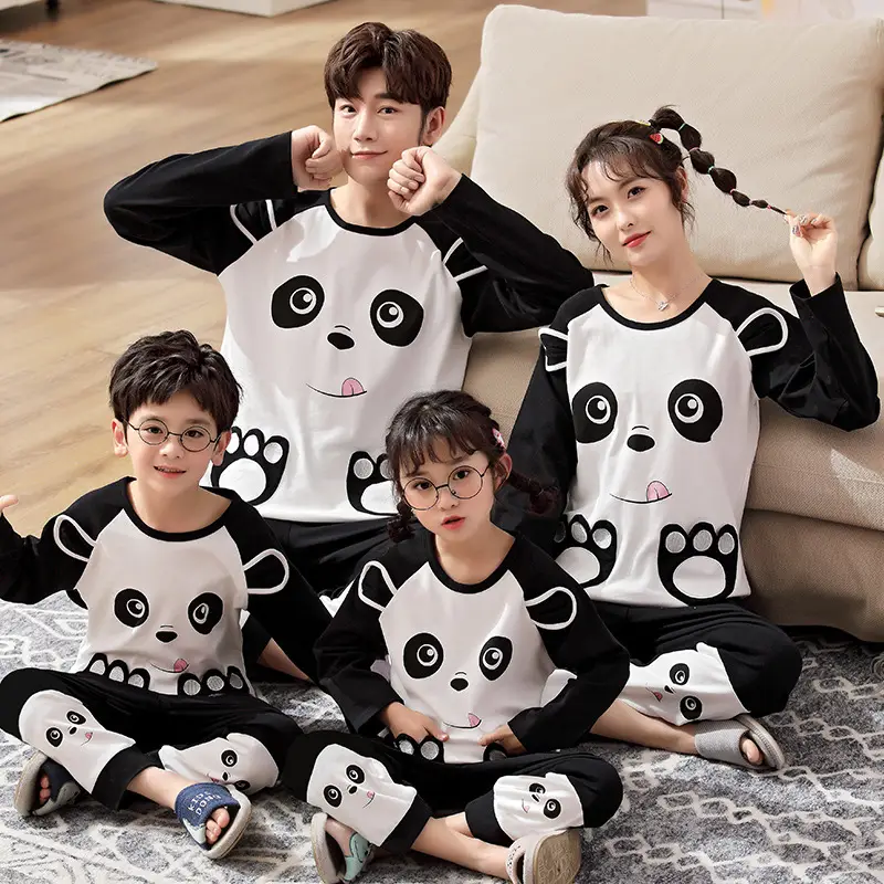 Children's Cotton Pajamas Family of 3 Long Sleeve Black White