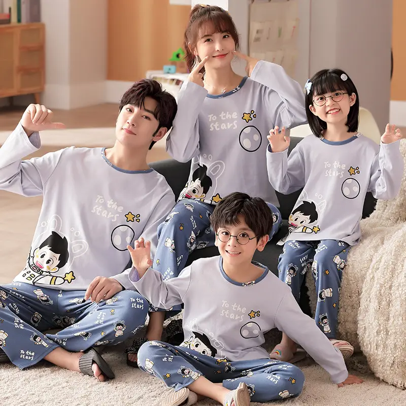 Children's Cotton Pajamas Family of 3 Long Sleeve Black White