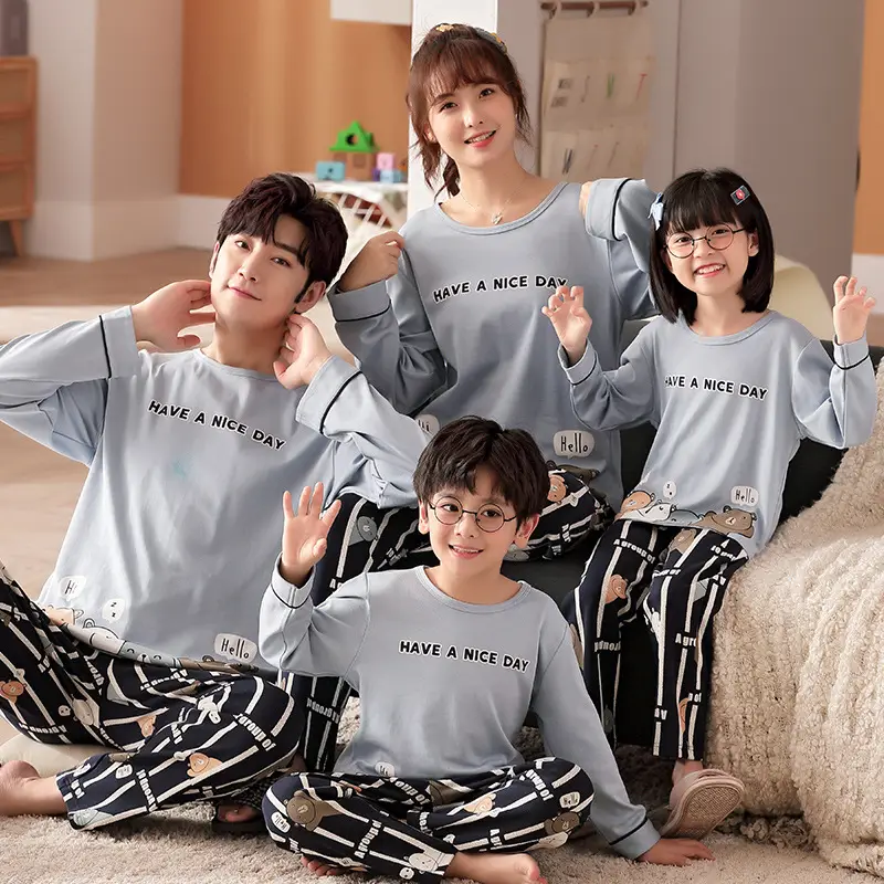 Children's Cotton Pajamas Family of 3 Long Sleeve Black White