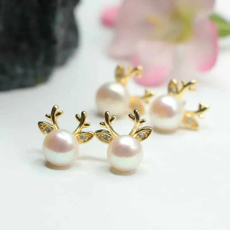 Guan Yu Pearl Deer Earrings S925 Gold Stud Earrings - Image 6