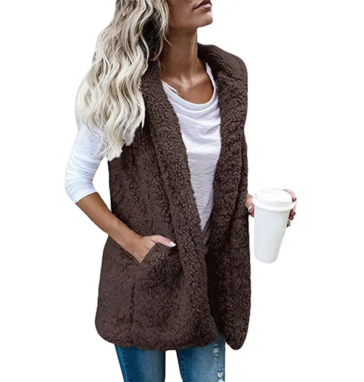 Women's Fleece Sleeveless Vest with Hooded Pocket Beige - Image 7
