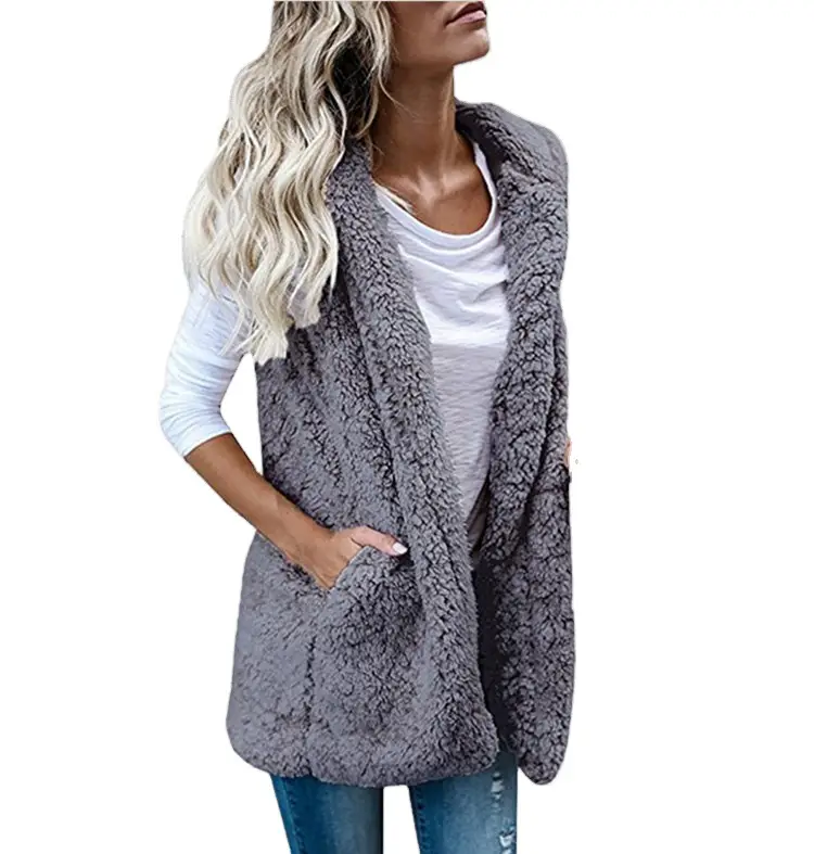 Women's Fleece Sleeveless Vest with Hooded Pocket Beige - Image 8