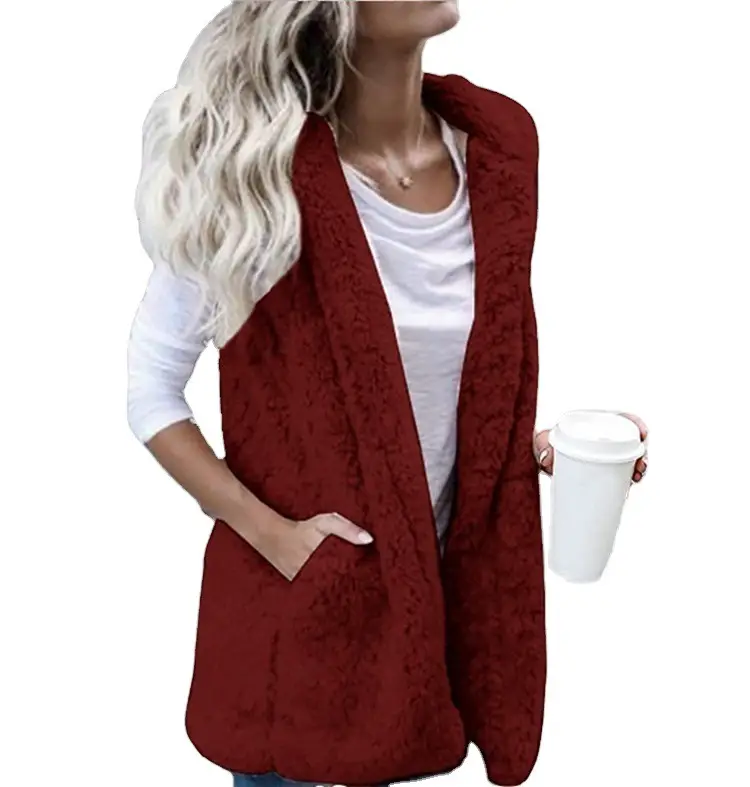 Women's Fleece Sleeveless Vest with Hooded Pocket Beige - Image 9