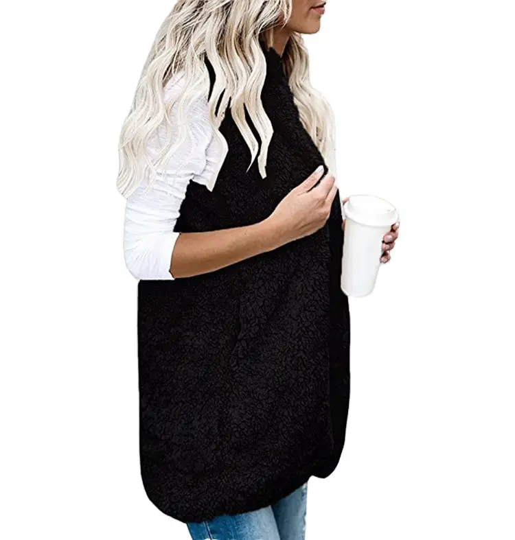 Women's Fleece Sleeveless Vest with Hooded Pocket Beige - Image 10