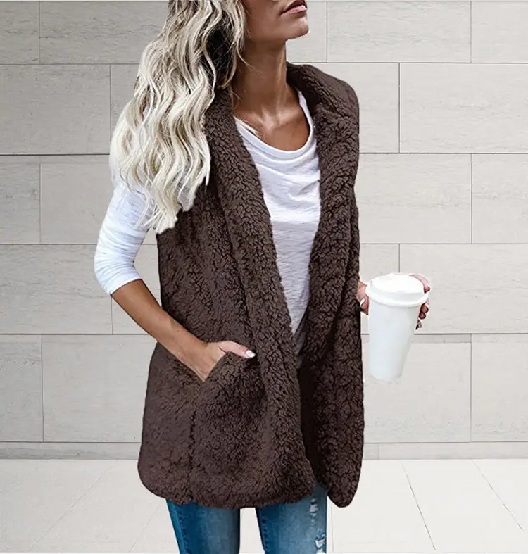 Women's Fleece Sleeveless Vest with Hooded Pocket Beige - Image 2