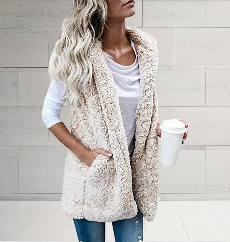 Women's Fleece Sleeveless Vest with Hooded Pocket Beige - Image 3