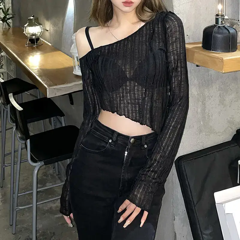 Black Long Sleeve Hollow Top with Crossbody Strap