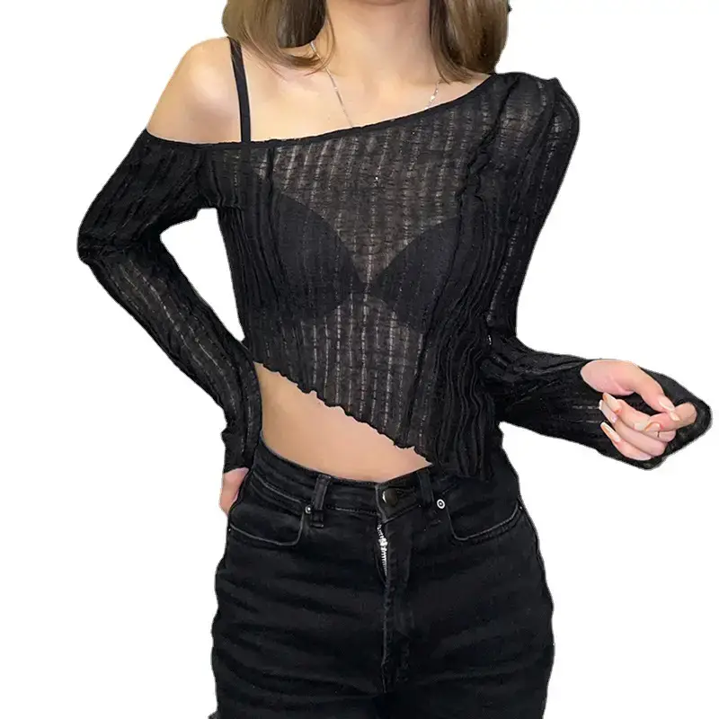 Black Long Sleeve Hollow Top with Crossbody Strap