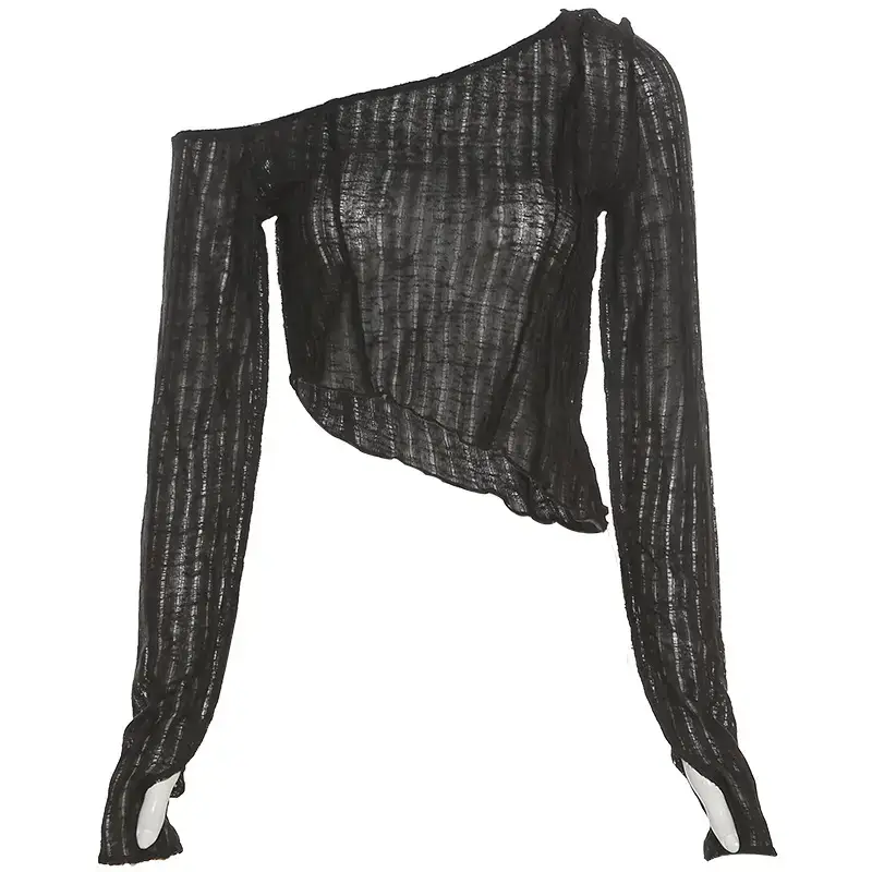Black Long Sleeve Hollow Top with Crossbody Strap