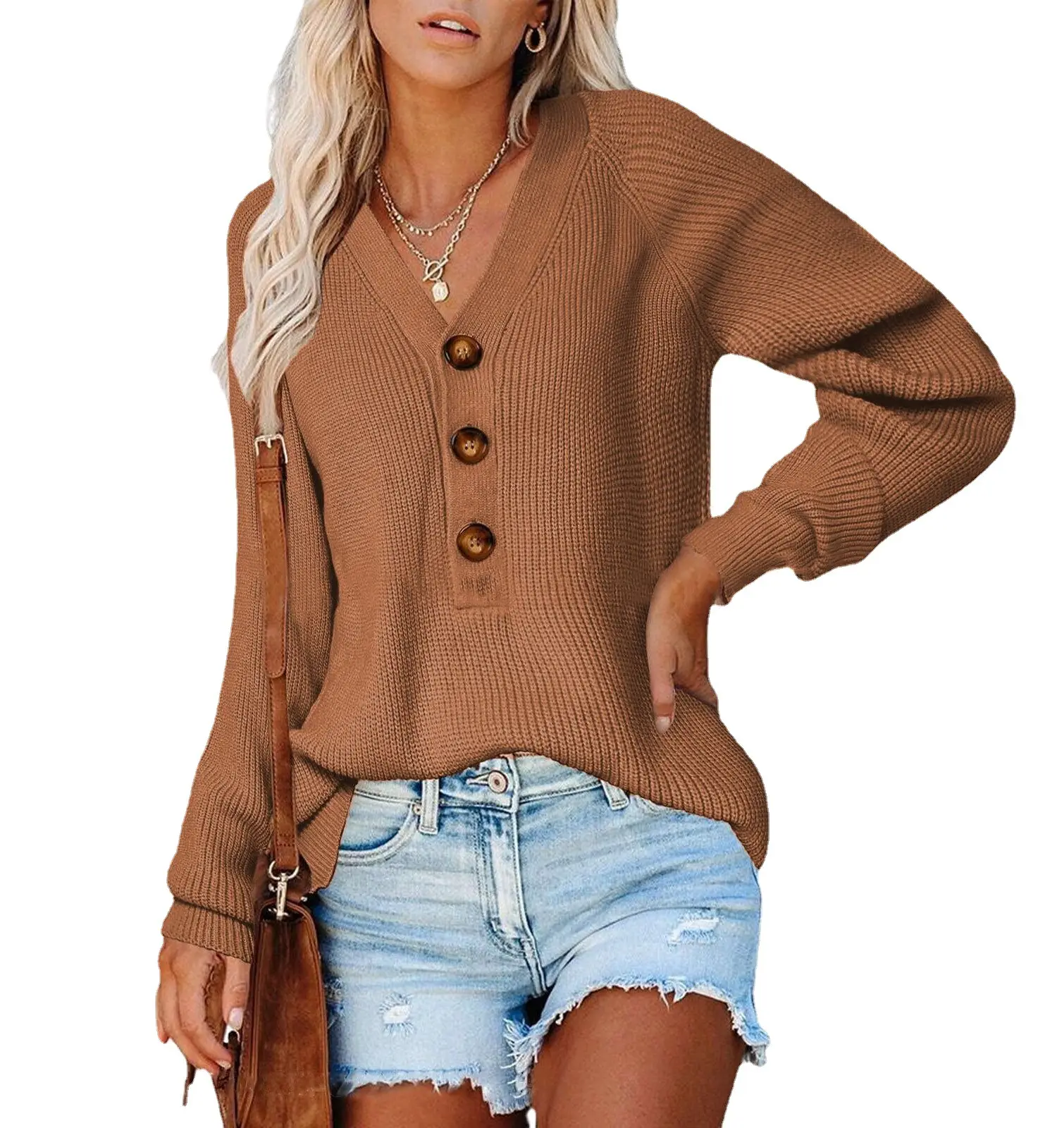 Women Knitted V Neck Button Sweater Grey - Image 16