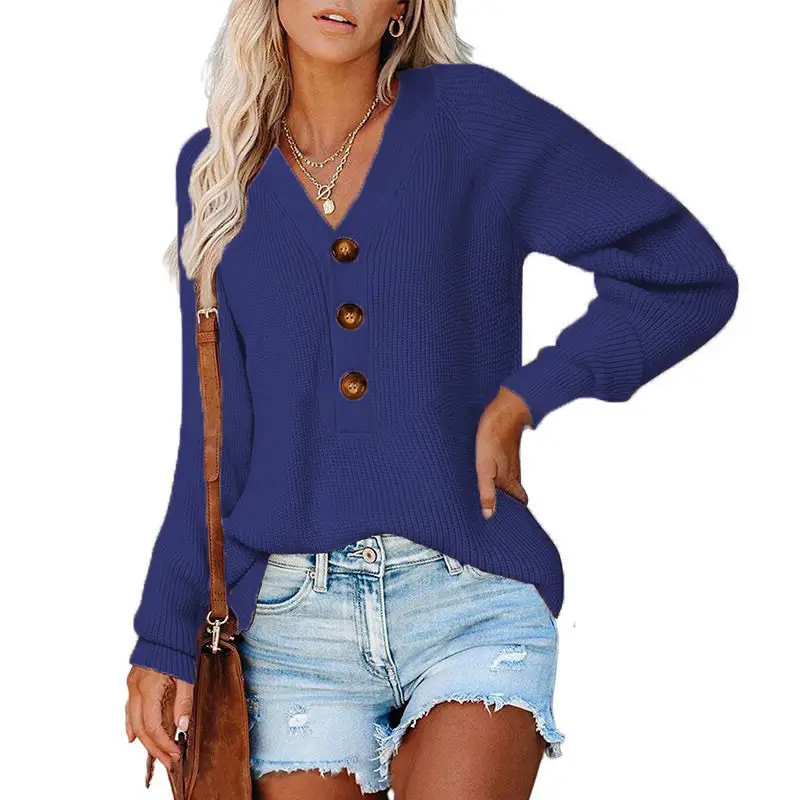 Women Knitted V Neck Button Sweater Grey - Image 10