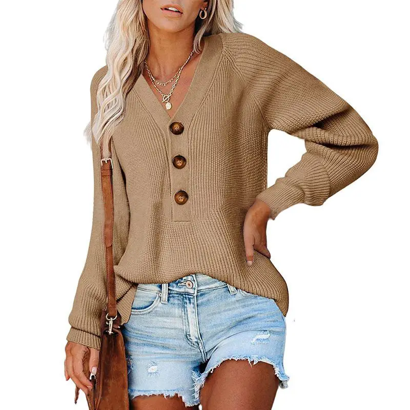 Women Knitted V Neck Button Sweater Grey - Image 2