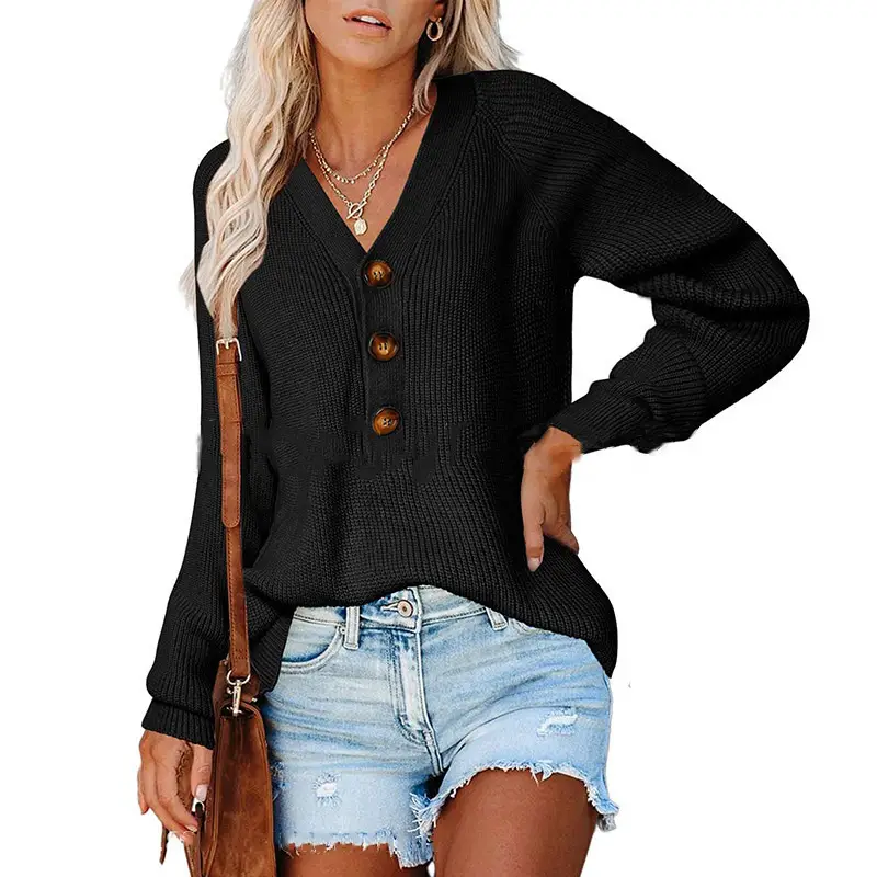 Women Knitted V Neck Button Sweater Grey - Image 7