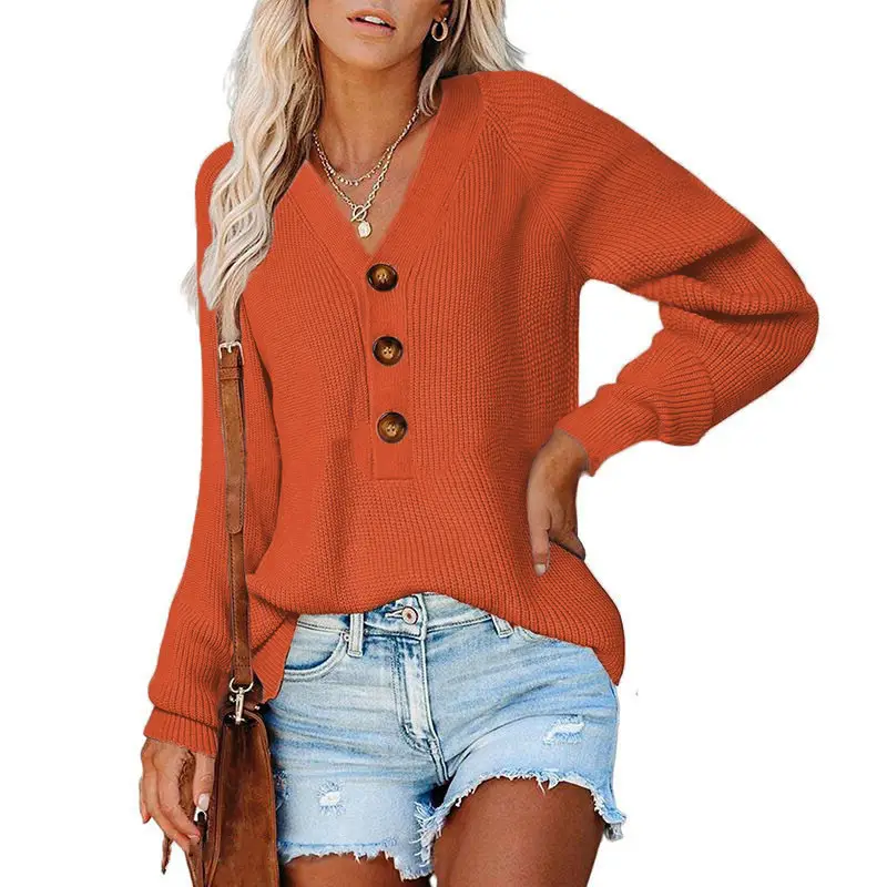 Women Knitted V Neck Button Sweater Grey - Image 9