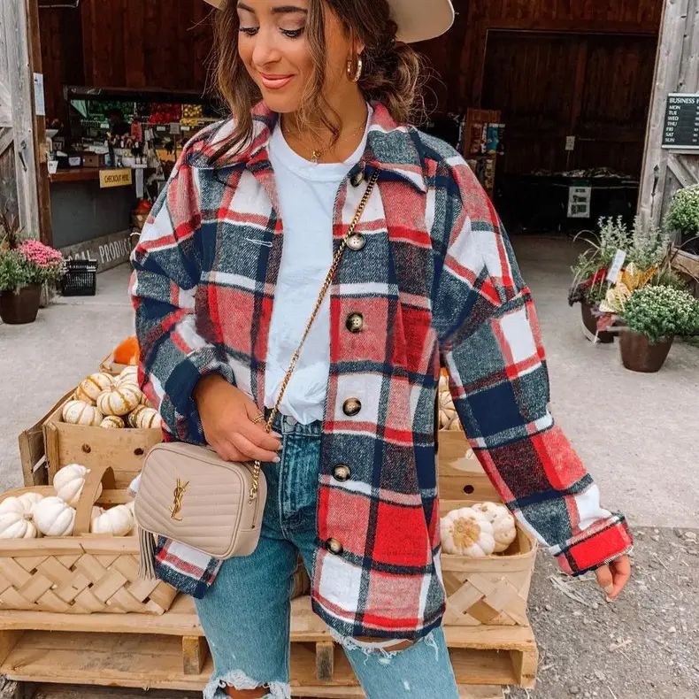 Women Plaid Check Shirt Coat 2021 Europe USA - Image 9