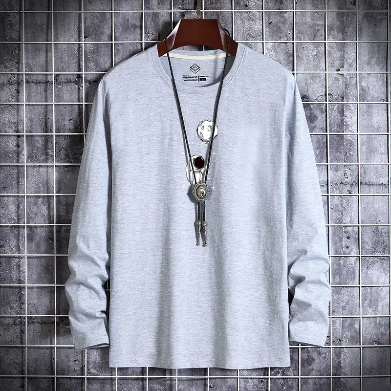 Men Grey Cotton Long Sleeve T-Shirt Large - Image 4