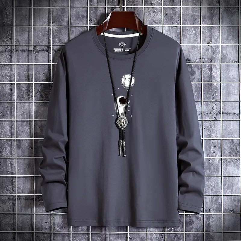 Men Grey Cotton Long Sleeve T-Shirt Large - Image 7