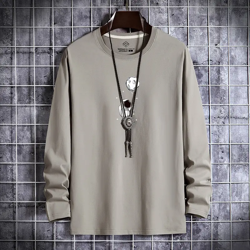 Men Grey Cotton Long Sleeve T-Shirt Large - Image 2
