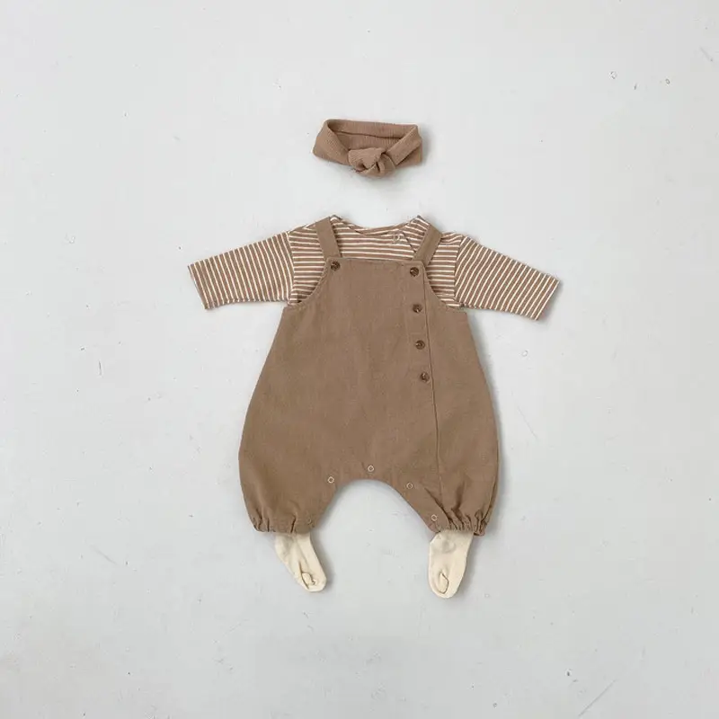 Baby Striped Strap Pants Brown Beige Side Buckle Casual Western Style - Image 6