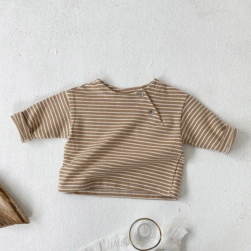 Baby Striped Strap Pants Brown Beige Side Buckle Casual Western Style - Image 3