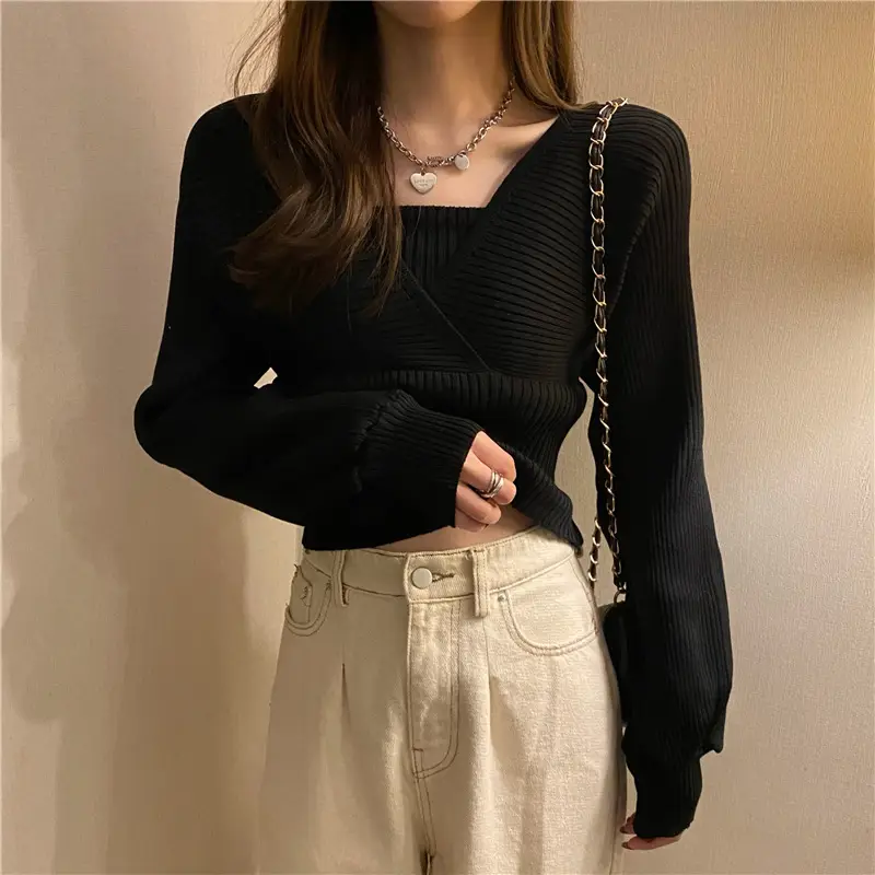 Long Sleeve Black Korean Style Sweater Top for Women - Image 4