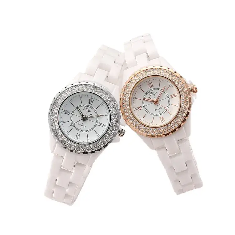 Women's Ceramic Rhinestone Roman Watch White Strap - Image 3