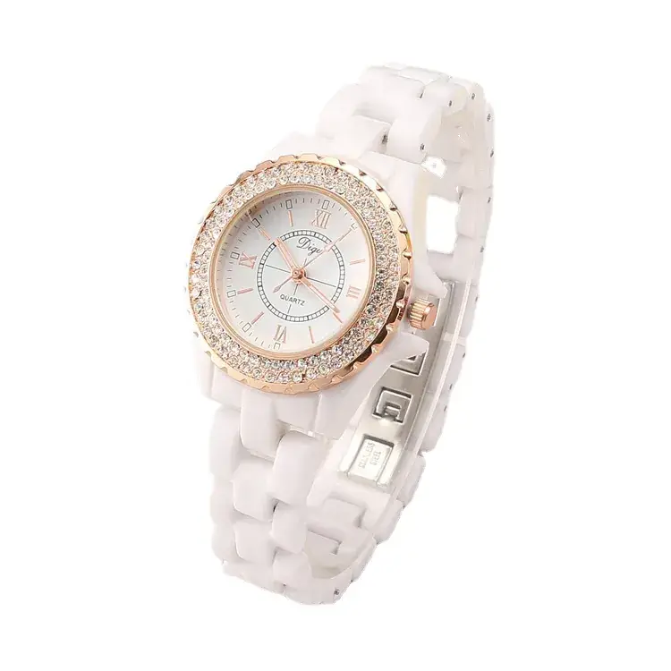 Women's Ceramic Rhinestone Roman Watch White Strap - Image 6