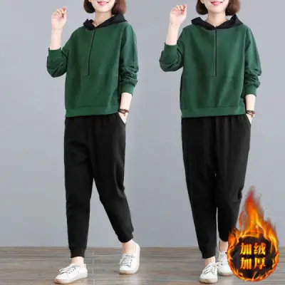 Women Fleece Hoodie Sweatpants Set Grey Large Winter Casual - Image 7