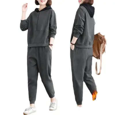 Women Fleece Hoodie Sweatpants Set Grey Large Winter Casual - Image 9