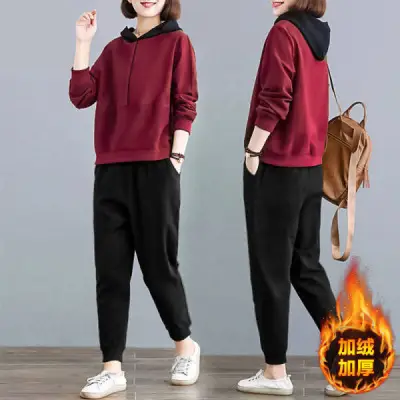 Women Fleece Hoodie Sweatpants Set Grey Large Winter Casual - Image 4