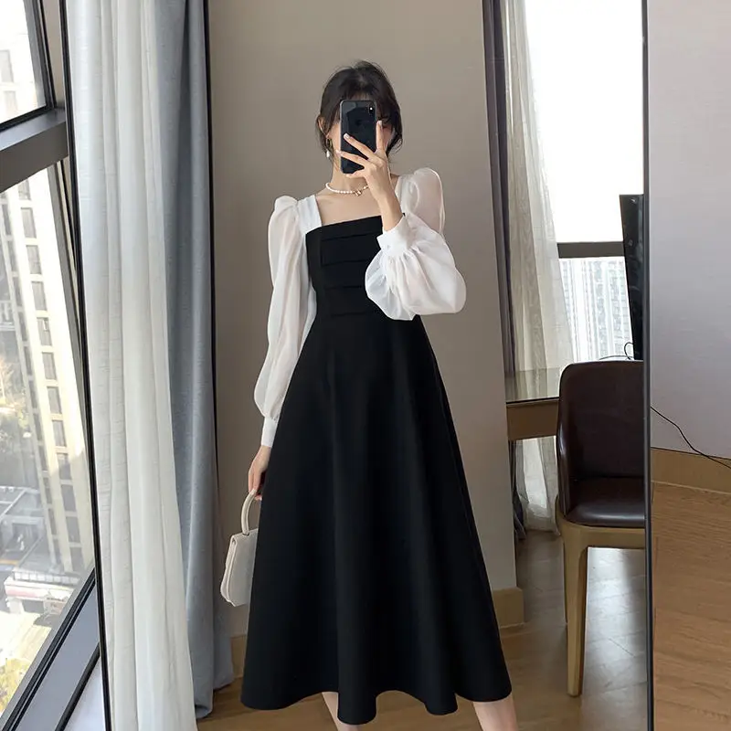 Long Sleeve Black Organza Dress Women Spring Autumn Stitching Square Collar - Image 15