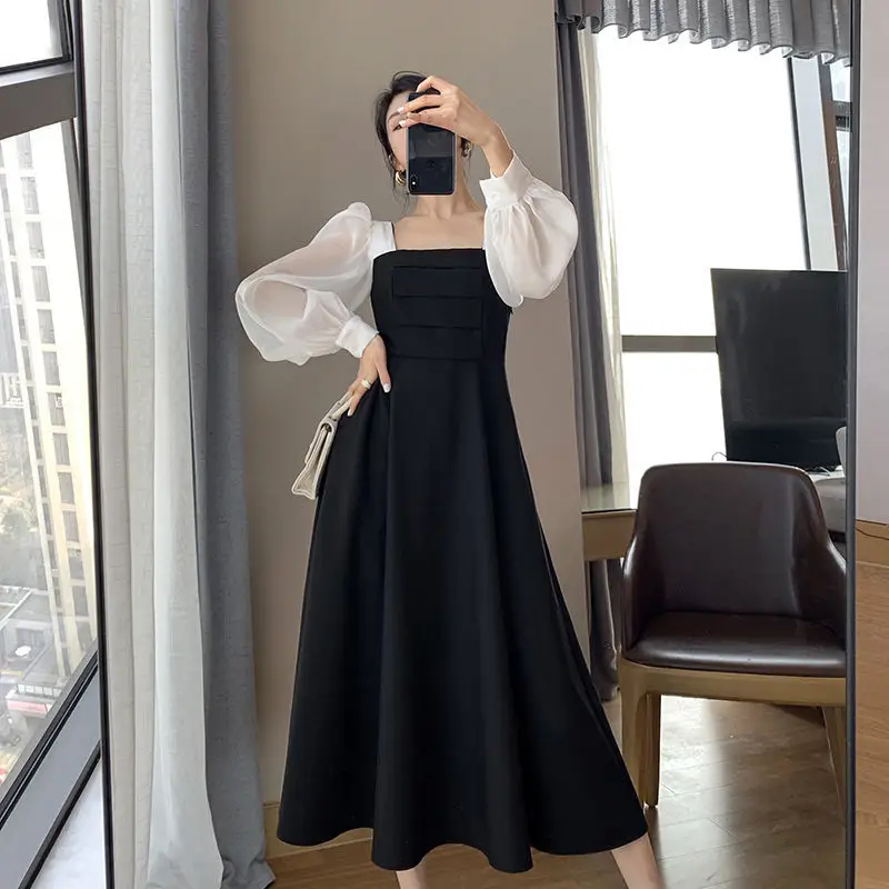 Long Sleeve Black Organza Dress Women Spring Autumn Stitching Square Collar - Image 17