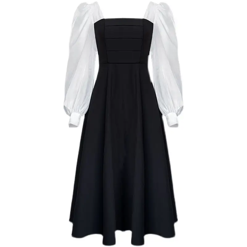 Long Sleeve Black Organza Dress Women Spring Autumn Stitching Square Collar - Image 18