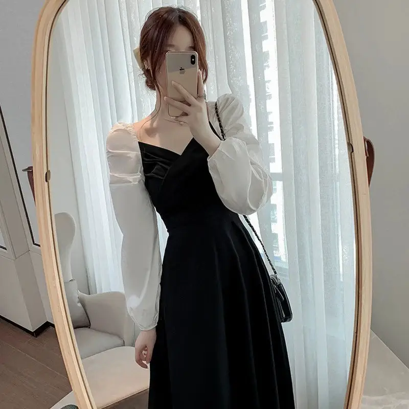 Long Sleeve Black Organza Dress Women Spring Autumn Stitching Square Collar - Image 2