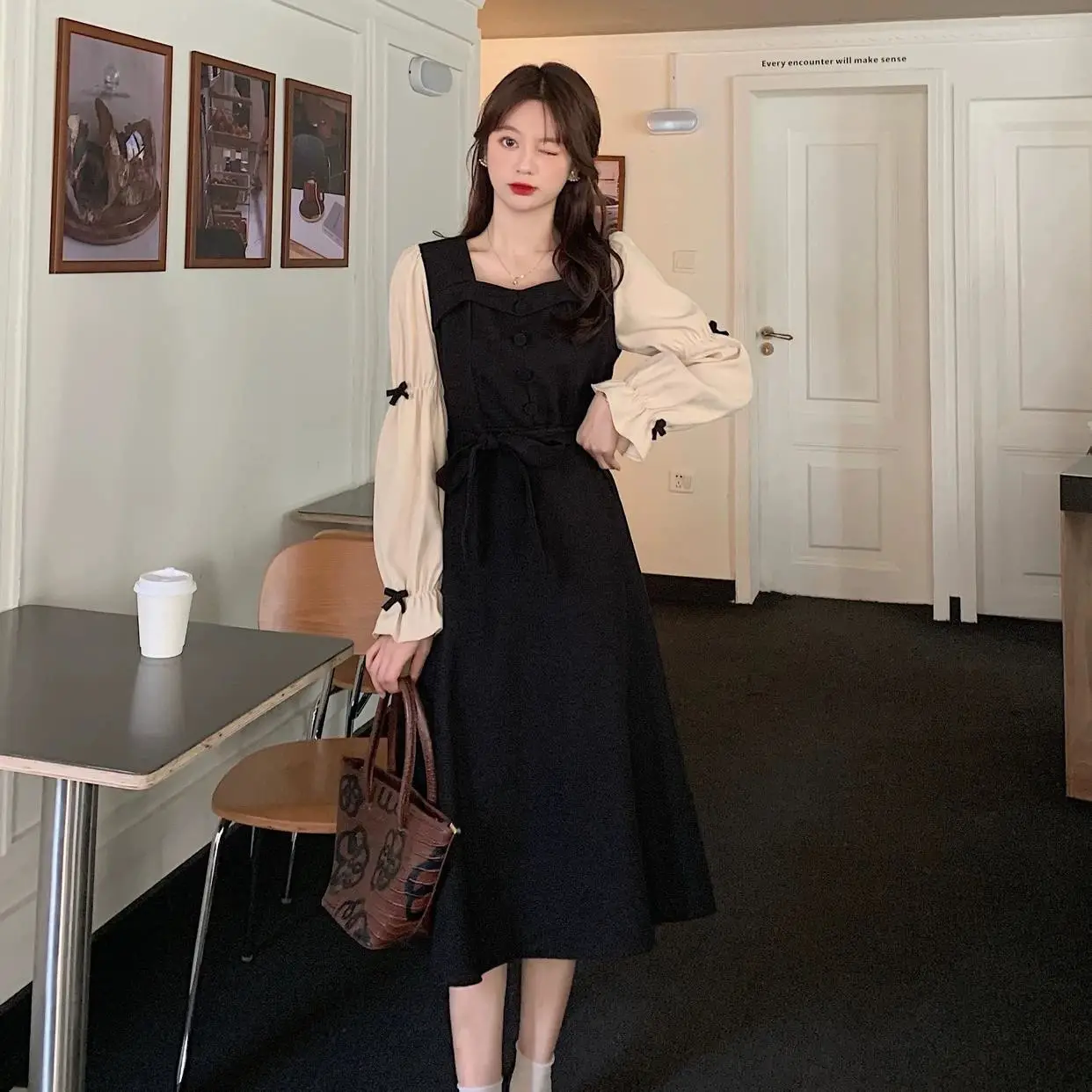 Long Sleeve Black Organza Dress Women Spring Autumn Stitching Square Collar - Image 5