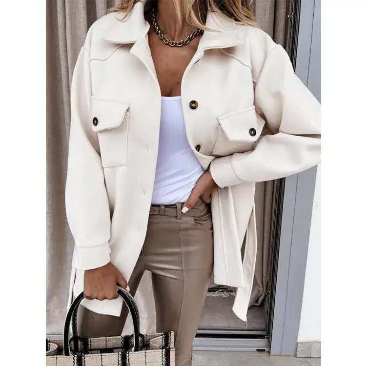 Women's Long-Sleeved Wool Lapel Jacket Beige 2025 - Image 9