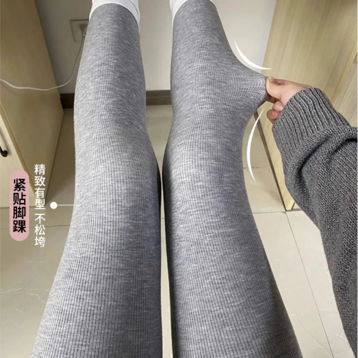 Women Grey Fleece Leggings Slim Fit Winter Warm - Image 4