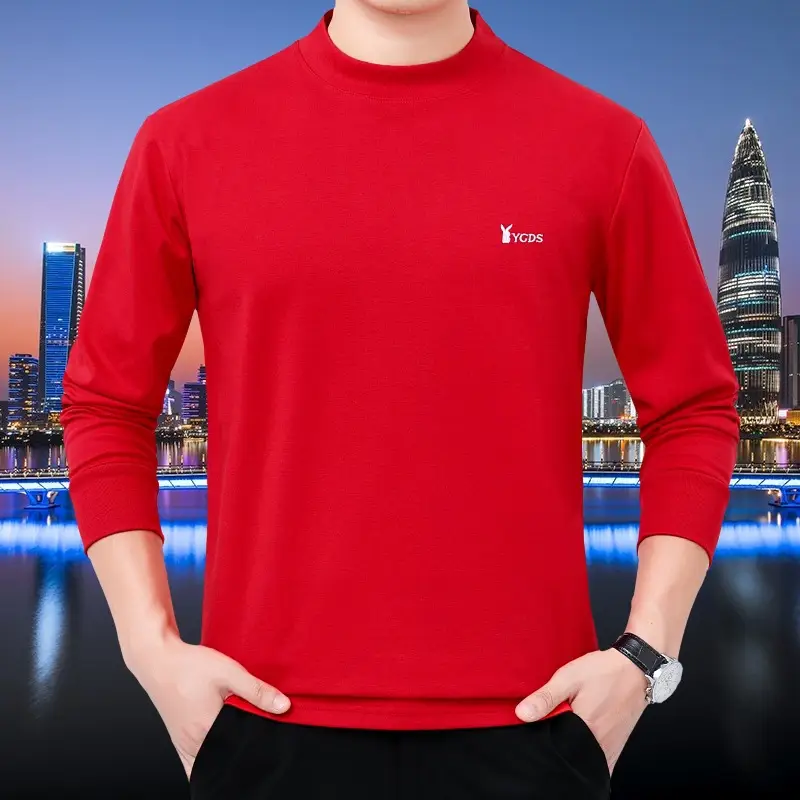 Middle-aged Men Pure Cotton Long Sleeve T-Shirt Olive Green - Image 6