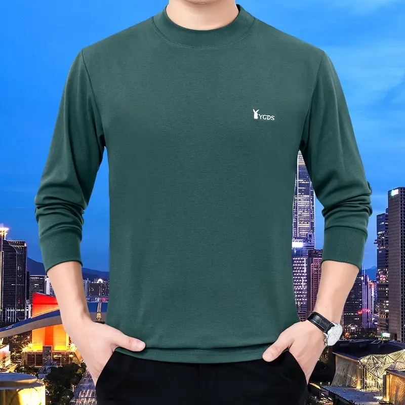 Middle-aged Men Pure Cotton Long Sleeve T-Shirt Olive Green - Image 8