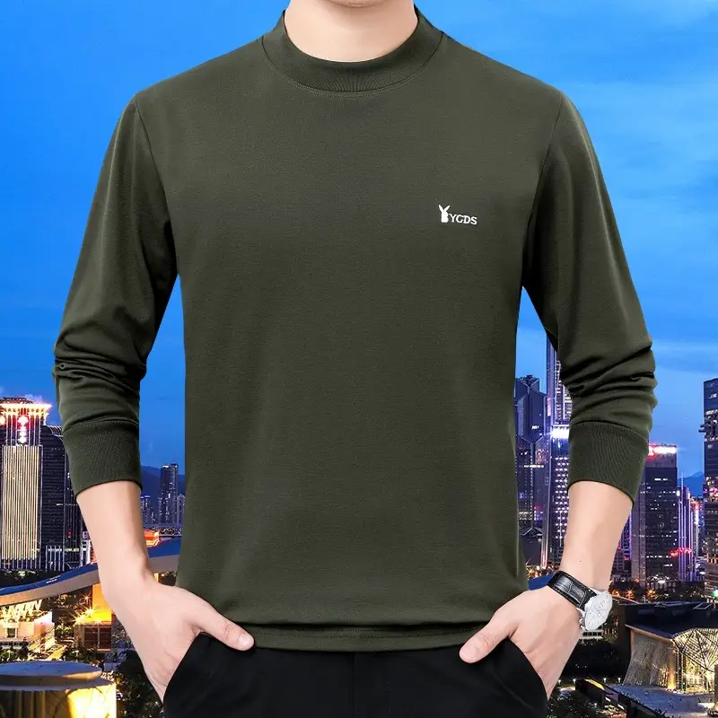 Middle-aged Men Pure Cotton Long Sleeve T-Shirt Olive Green - Image 9