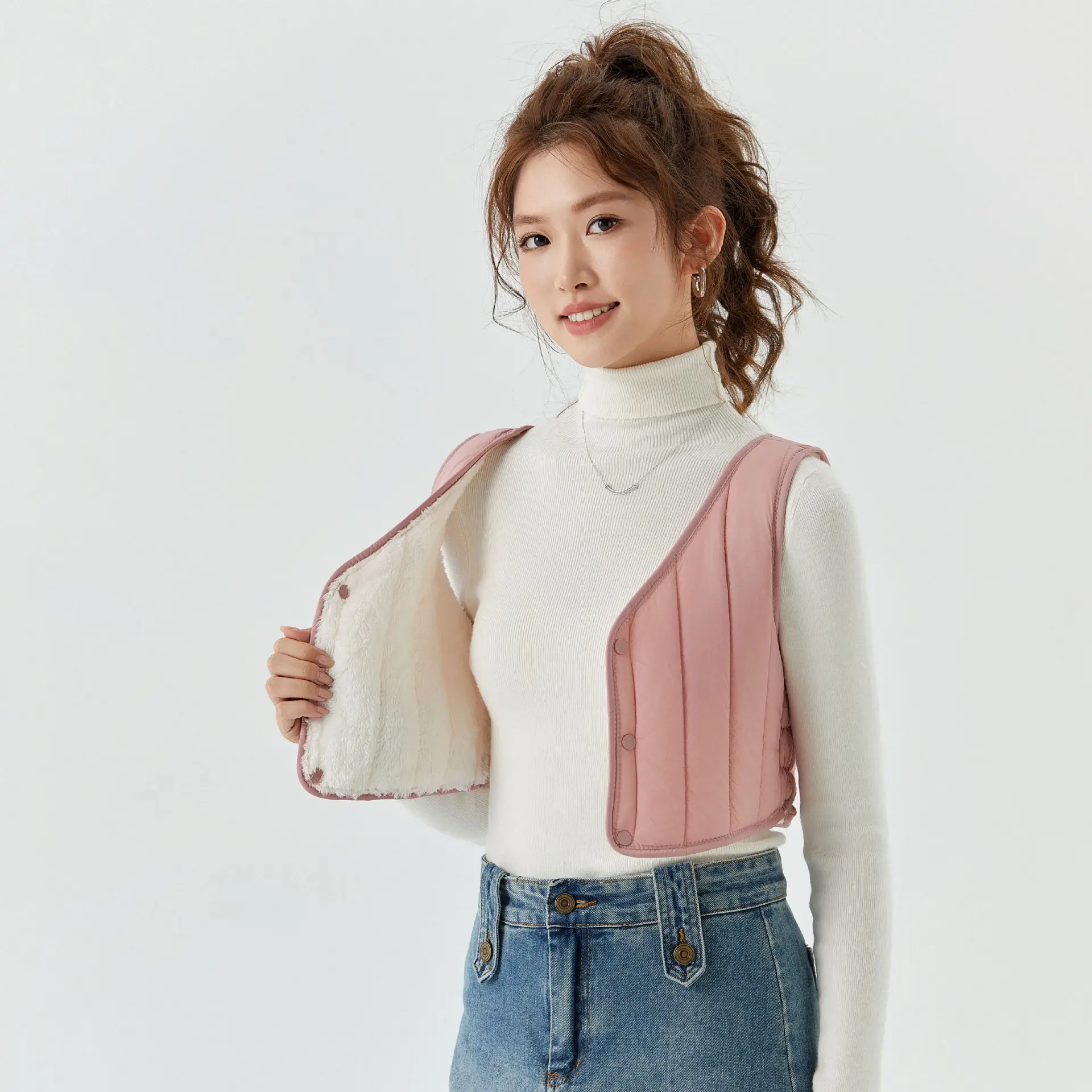 Women Cotton V-Neck Vest with Denim Shorts
