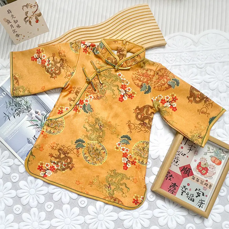 Girls' Chinese Style Cheongsam Dress Orange Floral - Image 5