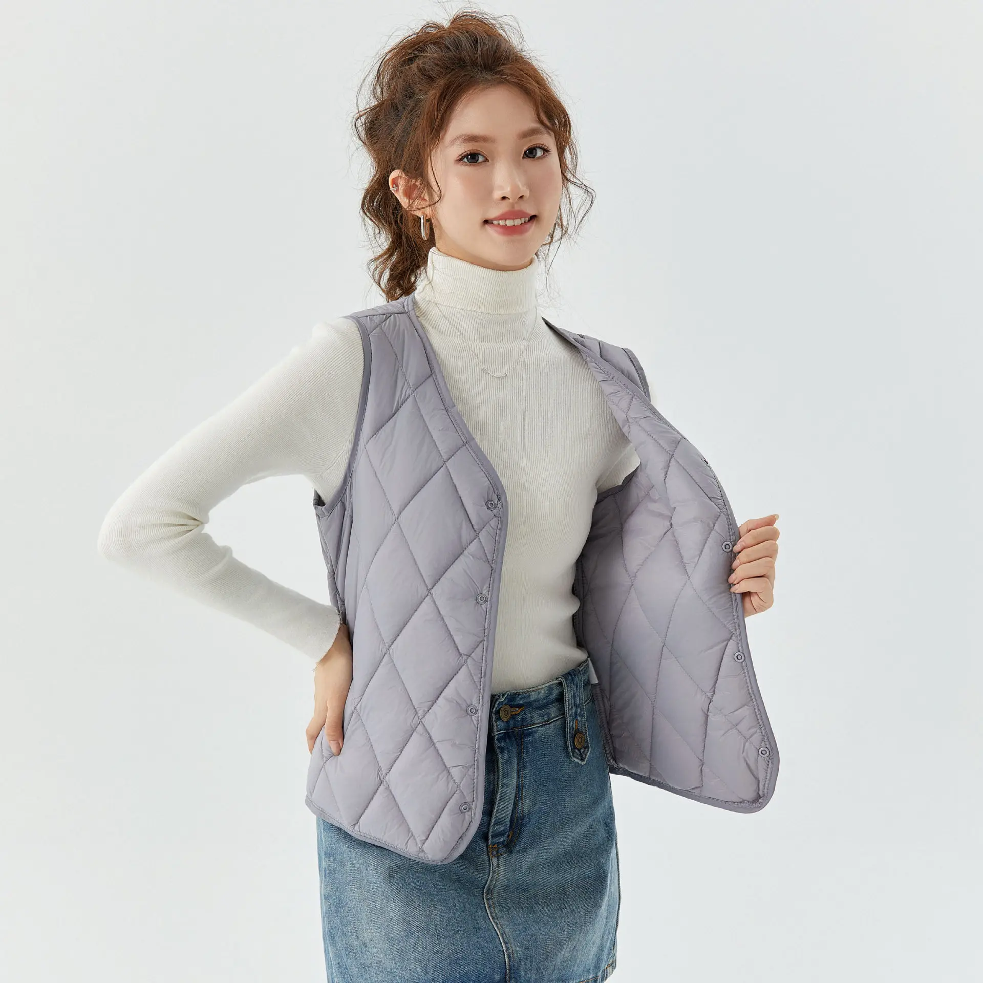 Women's Velvet Puffer Vest Grey 8021