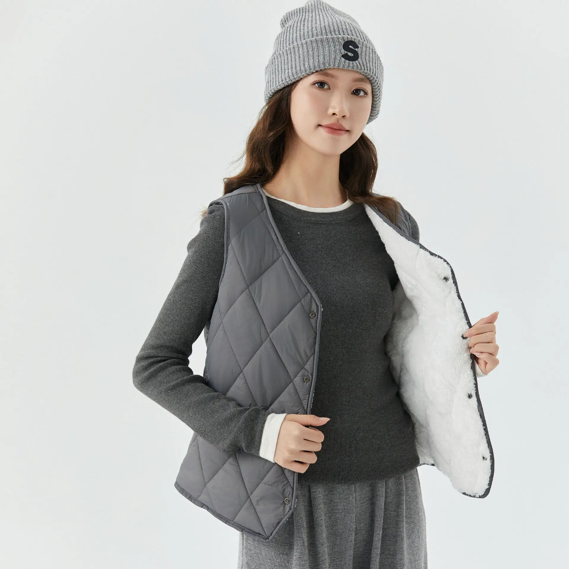 Women's Velvet Puffer Vest Grey 8021