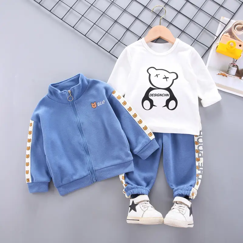 3-Piece Cartoon Suit for Kids Blue White Zipper Hoodie Pants Set - Image 7