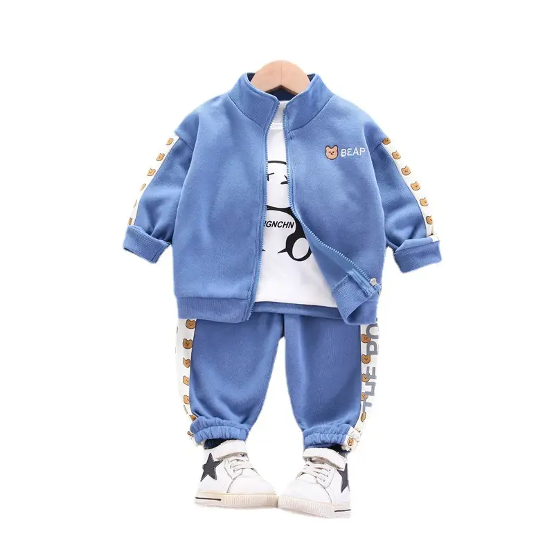 3-Piece Cartoon Suit for Kids Blue White Zipper Hoodie Pants Set - Image 8