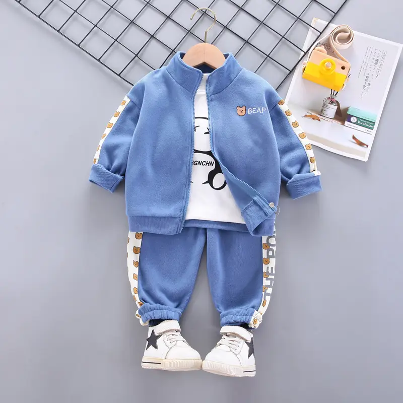3-Piece Cartoon Suit for Kids Blue White Zipper Hoodie Pants Set - Image 3