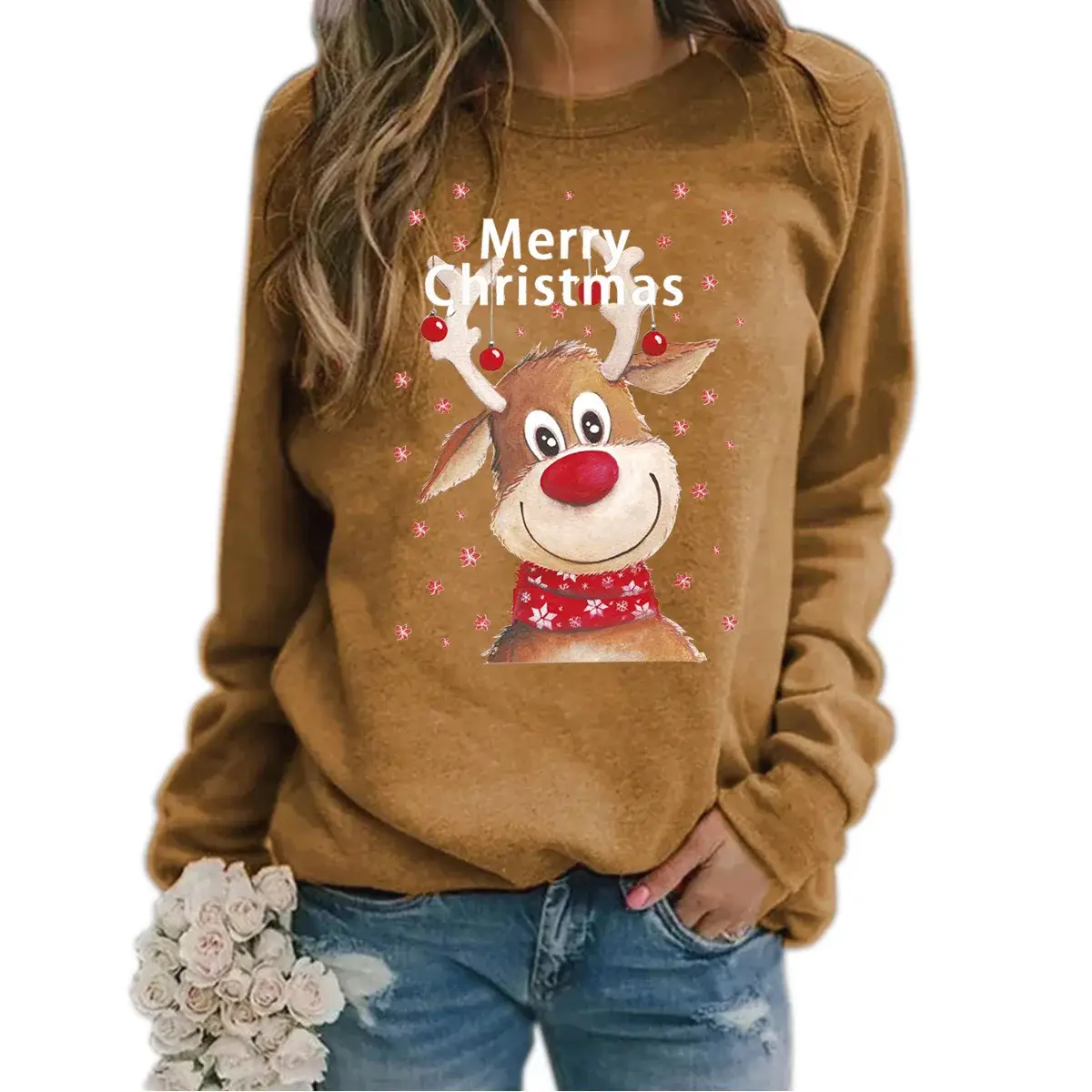 Women Christmas Print Sweatshirt Brown Round Neck Long Sleeve - Image 2